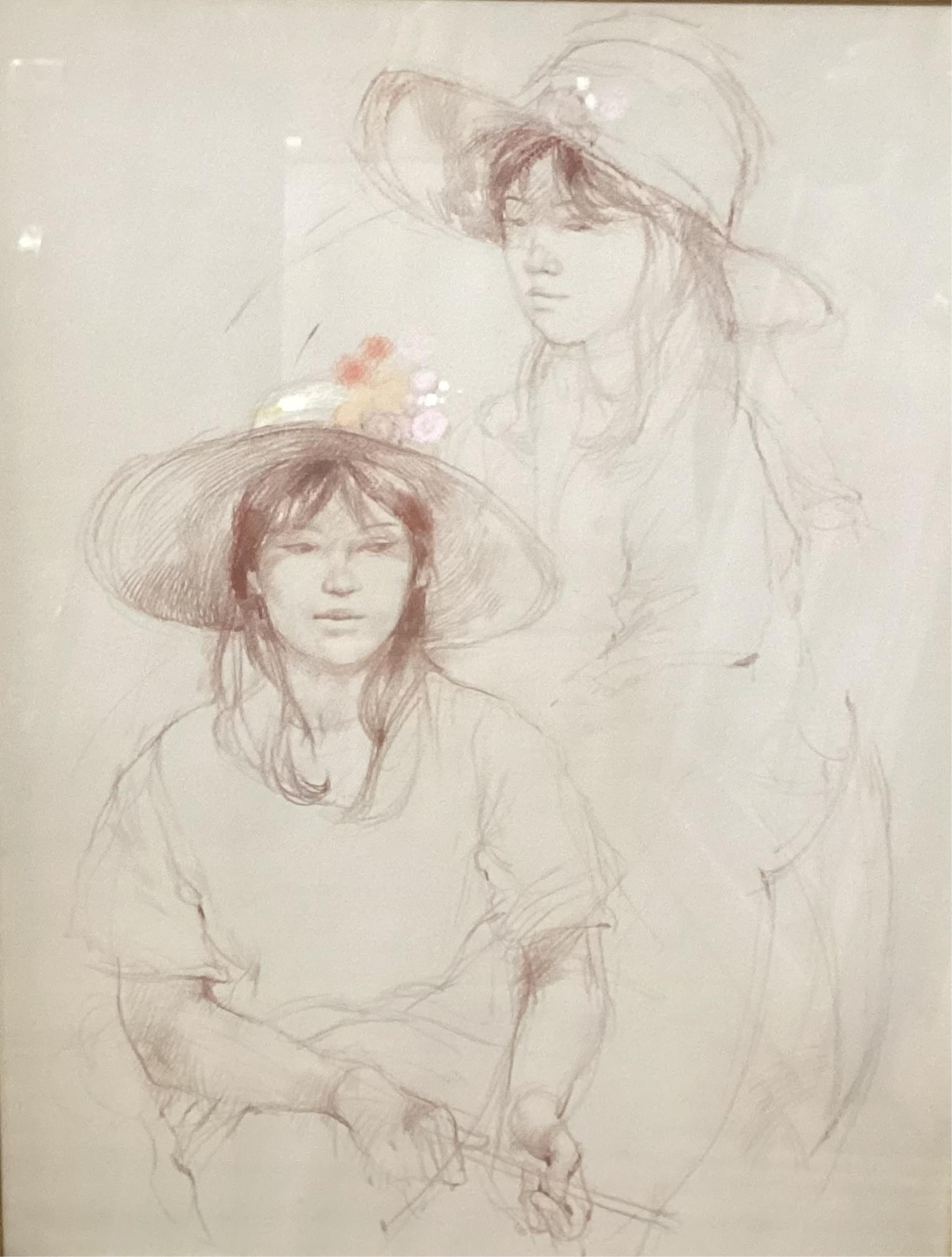 Victor Andre (20th. C), A sketch of two young girls, signed lower right, coloured chalks, 46 x 34cm